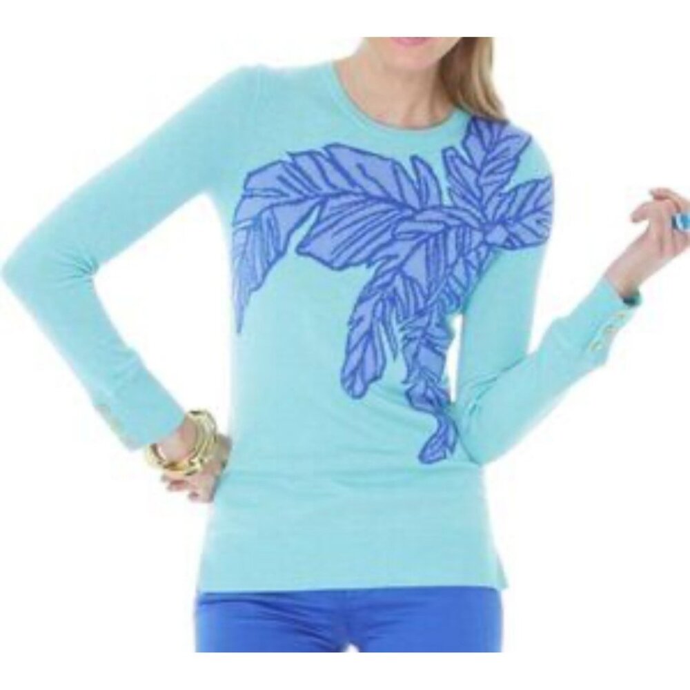 Lilly Pulitzer Charter Aqua Sweater Palm Leaf Design Wool Blend Long Sleeve Size